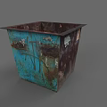 Rusted Blue Trash Can With Worn Surface And Graffiti Marks