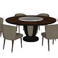 Elegant Round Dining Table Set With Wooden Top Marble Center And Beige Fabric Chairs