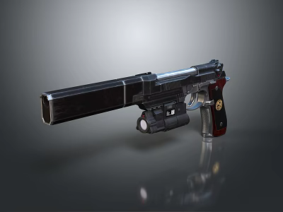 Modern Tactical Pistol with Black Barrel Red Grip Metallic Components and Sleek Design 3d model