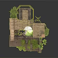 Rustic Outdoor Structure With Wooden Platforms Stone Walls And Lush Plants