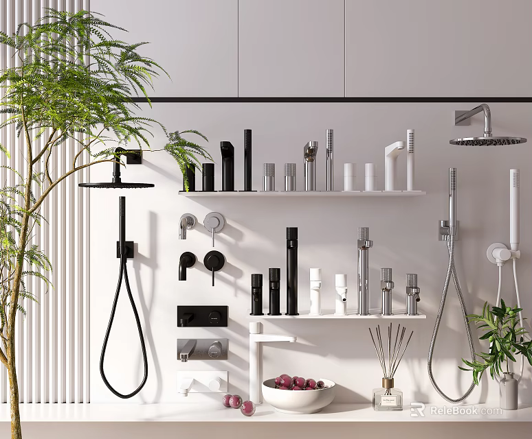 Modern Bathroom Faucets Display With Accessories On Shelves And Green Plants 3d model 