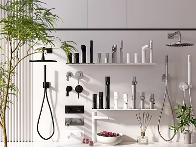 Modern Bathroom Faucets Display With Accessories On Shelves And Green Plants 3d model