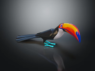 Vibrant Toucan with Colorful Beak Black Body White Throat Standing on Black Surface with Reflection 3d model