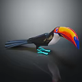 Vibrant Toucan with Colorful Beak Black Body White Throat Standing on Black Surface with Reflection