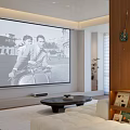 Modern Living Room Interior With Large Screen Black White Photo Sofa Coffee Table And Bookshelf