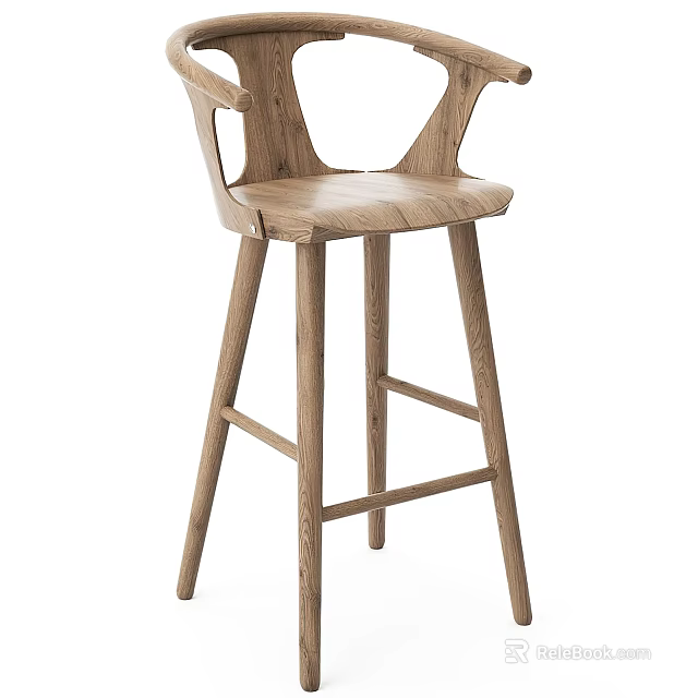 Modern Wooden Bar Stool With Curved Backrest And Slim Oak Legs Design 3d model 