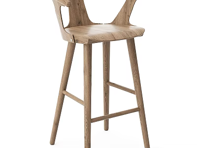 Modern Wooden Bar Stool With Curved Backrest And Slim Oak Legs Design 3d model