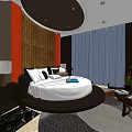 Hotel Room Interior With Round Bed Black White Checkered Marble Flooring And TV