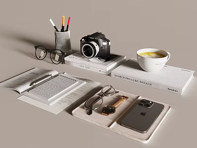 Elegant Books And Magazines Desk Setup With Pen Camera Coffee Cup Glasses Watch And Phone 3d model
