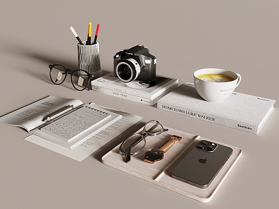 Books books stationery glasses pen holder flower coffee camera watch apple mobile phone 3d model