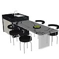 Modern Long Marble Top Dining Table With Black Metal Chairs And Green Fruit Bowl