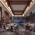 Traditional Oriental Restaurant Interior With Wooden Ceiling Open Buffet Counter And Decorative Backdrop