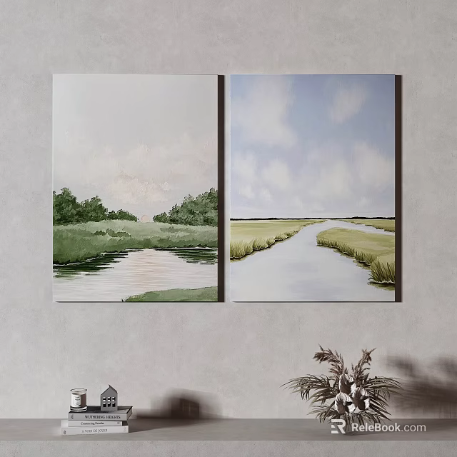 Two Natural Landscape Paintings With River Grass Trees And Blue Sky On Wall 3d model 