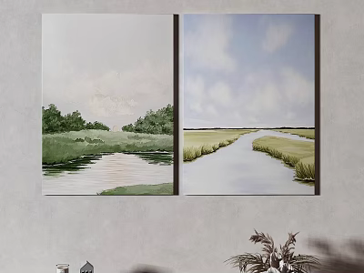Two Natural Landscape Paintings With River Grass Trees And Blue Sky On Wall 3d model