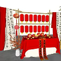 Art Installation With Bamboo Frame Red Lanterns Chinese Calligraphy Scrolls And Red Tablecloth Decorations