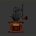 Vintage Manual Coffee Grinder Appliance With Wooden Base And Metal Grinding Components