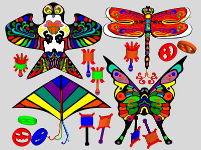 Colorful Kites With Bird Dragonfly Butterfly Shapes And Decorative Accessories 3d model