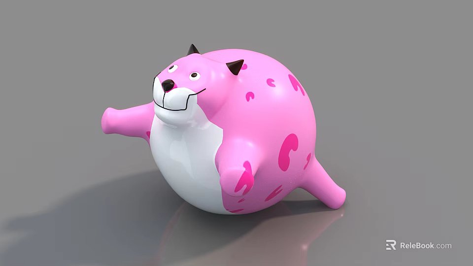 Pink Round Body Cat Shaped Plush Toy With Black Ears White Belly And Stretching Limbs 3d model 