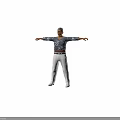 A Man Standing With Arms Outstretched Wearing Blue Top White Patterns And White Pants