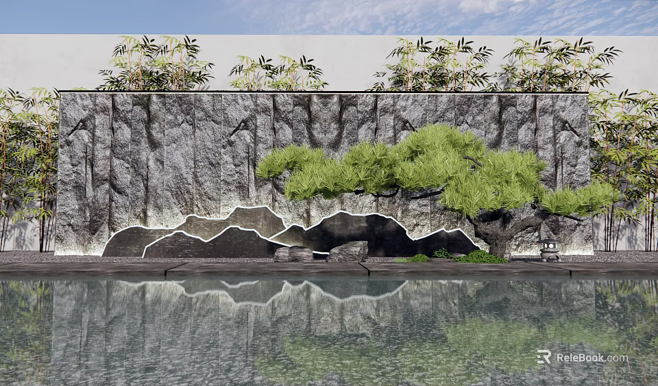 Natural Rock Texture Landscape Wall With Green Pine Tree And Water Reflection 3d model