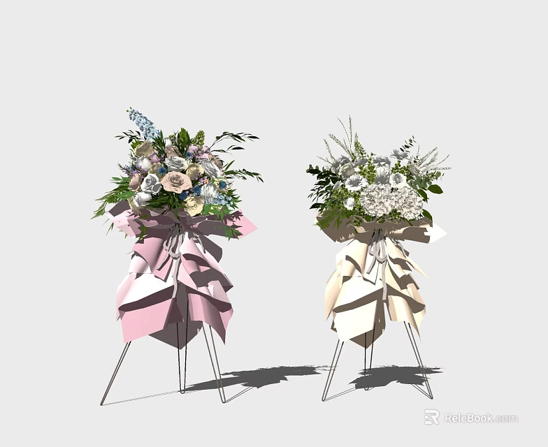 Two Beautiful Floral Arrangements with Pink and Beige Ribbons on Tripod Stands 3d model 