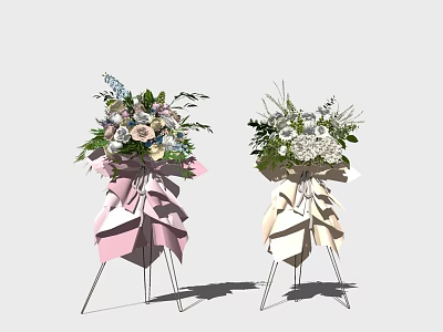 Two Beautiful Floral Arrangements with Pink and Beige Ribbons on Tripod Stands 3d model