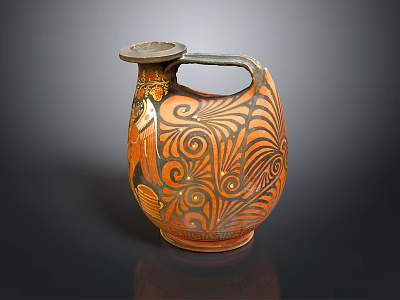 Sculpture Carving Of Ancient Earthenware Jug With Intricate Orange And Black Patterns And Handle 3d model
