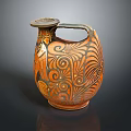 Sculpture Carving Of Ancient Earthenware Jug With Intricate Orange And Black Patterns And Handle