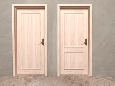 Two Light Wooden Interior Doors With Metal Handles And Gray Wall Background 3d model