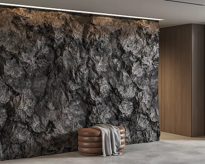 Modern Interior Design With Black Rock Texture Wall Brown Leather Stool And Gray Blanket 3d model