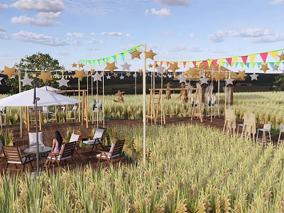 Rural Countryside Landscape With Rice Field Colorful Star Flags White Umbrella And Seating Area 3d model