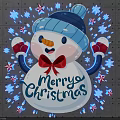 Cute Snowman Wearing Blue Hat Red Bow With Merry Christmas And Snowflakes Stars