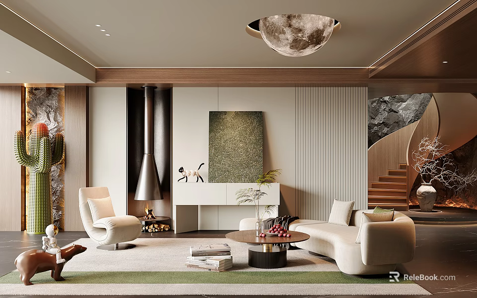 Modern Luxury Living Room Interior With Sofa Chair Carpet Fireplace Wall Art And Moon Chandelier 3d model 
