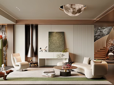 Modern Luxury Living Room Interior With Sofa Chair Carpet Fireplace Wall Art And Moon Chandelier 3d model