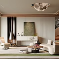 Modern Luxury Living Room Interior With Sofa Chair Carpet Fireplace Wall Art And Moon Chandelier