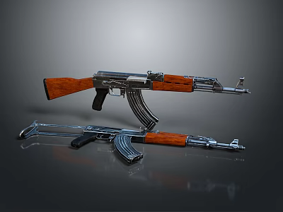 Realistic AK Rifles Featuring Wooden Stocks And Metal Parts On Dark Surface 3d model
