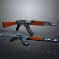 Realistic AK Rifles Featuring Wooden Stocks And Metal Parts On Dark Surface