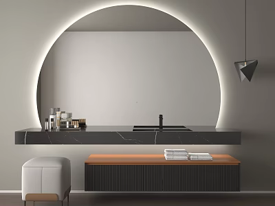 Modern Bathroom Vanity With Black Marble Countertop Round Backlit Mirror Stool And Towels 3d model