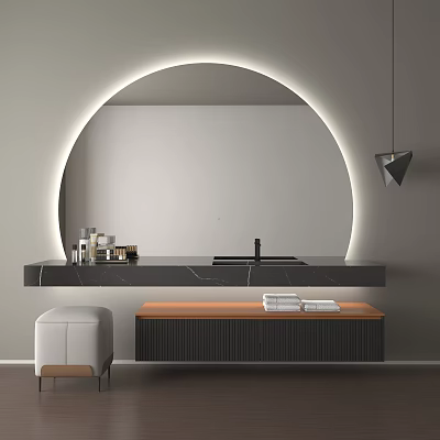 Modern Bathroom Vanity With Black Marble Countertop Round Backlit Mirror Stool And Towels 3d model