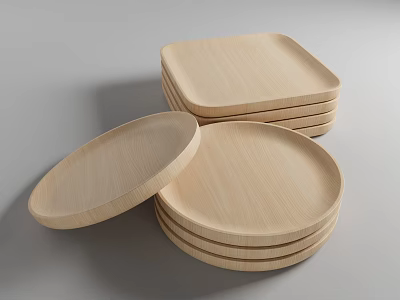 Natural Wooden Plates With Round And Square Shapes 3d model