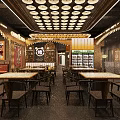Cozy Restaurant Interior Featuring Wooden Tables Chairs Ceiling Lights And Wall Decor