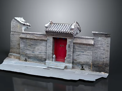 Traditional Ancient Architecture Model With Gray Brick Walls Red Wooden Door And Tile Roof 3d model