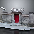 Traditional Ancient Architecture Model With Gray Brick Walls Red Wooden Door And Tile Roof