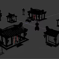 Cartoon Scenery of Traditional Chinese Architecture Models With Green Red Roofs Lanterns And Incense Burners