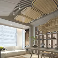 Modern Elegant Open Leisure Area With Orange Walls Wooden Decor Display Shelves And Seating