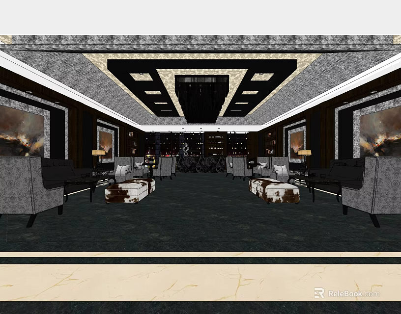 Luxurious Hotel Public Lounge Area With Modern Sofas Decorative Paintings And Ceiling Design 3d model 