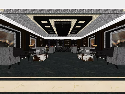 Luxurious Hotel Public Lounge Area With Modern Sofas Decorative Paintings And Ceiling Design 3d model