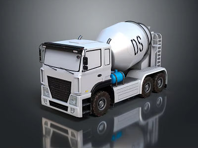White Concrete Mixer Truck With DS Logo Mixing Drum And Ladder 3d model