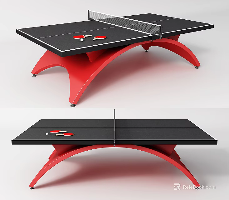 Modern Sports Equipment Ping Pong Table with Black Tabletop Red Curved Legs and Paddles 3d model 