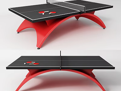 Modern Sports Equipment Ping Pong Table with Black Tabletop Red Curved Legs and Paddles 3d model